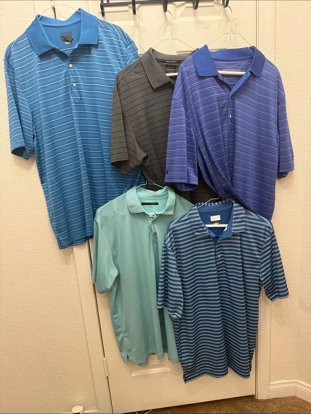 Greg Norman 5 Men's Striped Polo Golf Shirts 3 Blue  1 Teal 1 Gray Size Large